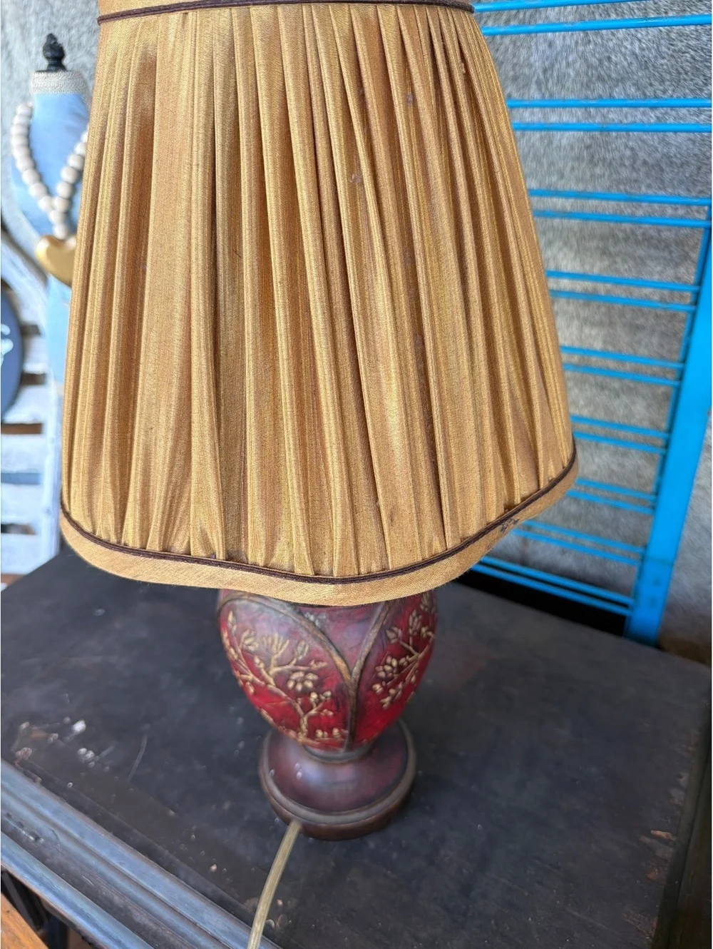 Vintage Red and Gold Ornate Table Lamp with Pleated Gold Shade